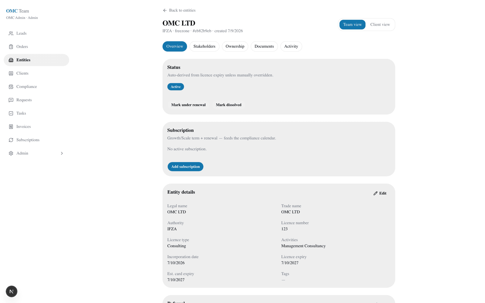 OMC internal dashboard — entity record with tabs for stakeholders, ownership, documents, and activity